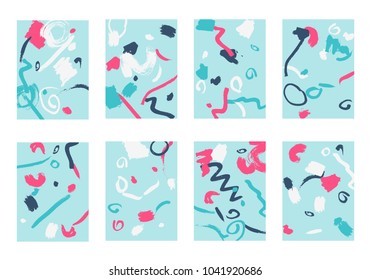 Set of 8 Abstract Backgrounds with Bright Brush Strokes. Retro Backgrounds for Greeting Cards or Book Covers in Style of Early 90s. Colorful Base for Invitation, Poster, Banner or Notepad Cover