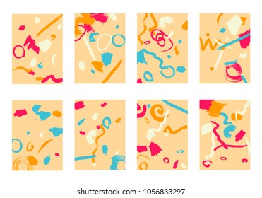 Set of 8 Abstract Backgrounds with Bright Brush Strokes. Retro Backgrounds for Greeting Cards or Book Covers in Style of Early 90s. Colorful Base for Invitation, Poster, Banner or Notepad Cover