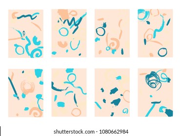 Set of 8 Abstract Backgrounds with Bright Brush Strokes. Retro Backgrounds for Greeting Cards or Book Covers in Style of Early 90s. Colorful Base for Invitation, Poster, Banner or Notepad Cover