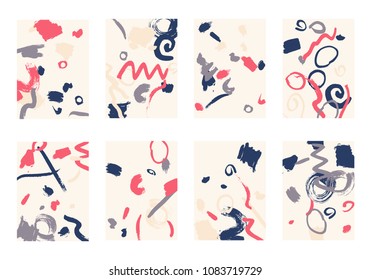 Set of 8 Abstract Backgrounds with Bright Brush Strokes. Retro Backgrounds for Greeting Cards or Book Covers in Style of Early 90s. Colorful Base for Invitation, Poster, Banner or Notepad Cover