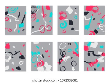 Set of 8 Abstract Backgrounds with Bright Brush Strokes. Retro Backgrounds for Greeting Cards or Book Covers in Style of Early 90s. Colorful Base for Invitation, Poster, Banner or Notepad Cover