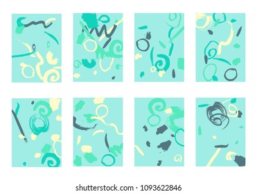 Set of 8 Abstract Backgrounds with Bright Brush Strokes. Retro Backgrounds for Greeting Cards or Book Covers in Style of Early 90s. Colorful Base for Invitation, Poster, Banner or Notepad Cover