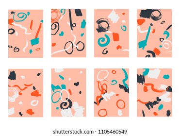 Set of 8 Abstract Backgrounds with Bright Brush Strokes. Retro Backgrounds for Greeting Cards or Book Covers in Style of Early 90s. Colorful Base for Invitation, Poster, Banner or Notepad Cover