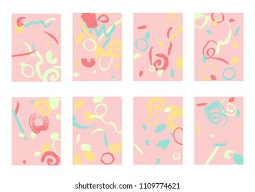 Set of 8 Abstract Backgrounds with Bright Brush Strokes. Retro Backgrounds for Greeting Cards or Book Covers in Style of Early 90s. Colorful Base for Invitation, Poster, Banner or Notepad Cover