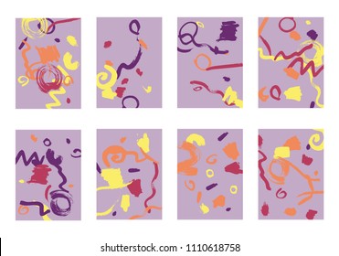 Set of 8 Abstract Backgrounds with Bright Brush Strokes. Retro Backgrounds for Greeting Cards or Book Covers in Style of Early 90s. Colorful Base for Invitation, Poster, Banner or Notepad Cover