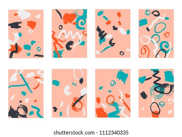 Set of 8 Abstract Backgrounds with Bright Brush Strokes. Retro Backgrounds for Greeting Cards or Book Covers in Style of Early 90s. Colorful Base for Invitation, Poster, Banner or Notepad Cover