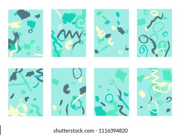 Set of 8 Abstract Backgrounds with Bright Brush Strokes. Retro Backgrounds for Greeting Cards or Book Covers in Style of Early 90s. Colorful Base for Invitation, Poster, Banner or Notepad Cover