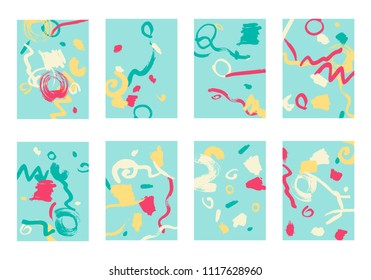 Set of 8 Abstract Backgrounds with Bright Brush Strokes. Retro Backgrounds for Greeting Cards or Book Covers in Style of Early 90s. Colorful Base for Invitation, Poster, Banner or Notepad Cover