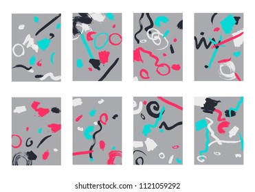 Set of 8 Abstract Backgrounds with Bright Brush Strokes. Retro Backgrounds for Greeting Cards or Book Covers in Style of Early 90s. Colorful Base for Invitation, Poster, Banner or Notepad Cover