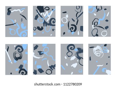 Set of 8 Abstract Backgrounds with Bright Brush Strokes. Retro Backgrounds for Greeting Cards or Book Covers in Style of Early 90s. Colorful Base for Invitation, Poster, Banner or Notepad Cover