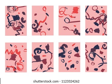 Set of 8 Abstract Backgrounds with Bright Brush Strokes. Retro Backgrounds for Greeting Cards or Book Covers in Style of Early 90s. Colorful Base for Invitation, Poster, Banner or Notepad Cover