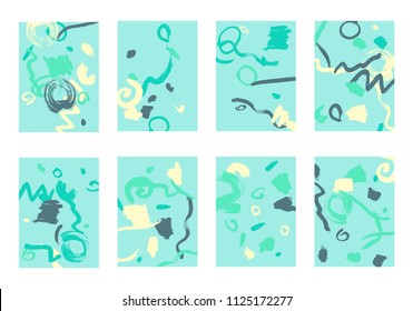 Set of 8 Abstract Backgrounds with Bright Brush Strokes. Retro Backgrounds for Greeting Cards or Book Covers in Style of Early 90s. Colorful Base for Invitation, Poster, Banner or Notepad Cover