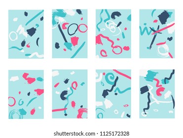 Set of 8 Abstract Backgrounds with Bright Brush Strokes. Retro Backgrounds for Greeting Cards or Book Covers in Style of Early 90s. Colorful Base for Invitation, Poster, Banner or Notepad Cover