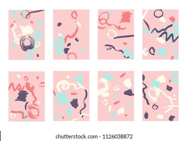 Set of 8 Abstract Backgrounds with Bright Brush Strokes. Retro Backgrounds for Greeting Cards or Book Covers in Style of Early 90s. Colorful Base for Invitation, Poster, Banner or Notepad Cover
