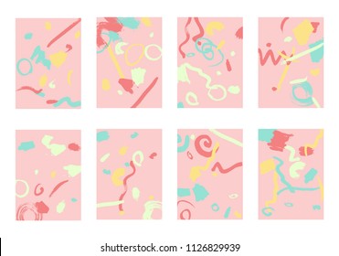 Set of 8 Abstract Backgrounds with Bright Brush Strokes. Retro Backgrounds for Greeting Cards or Book Covers in Style of Early 90s. Colorful Base for Invitation, Poster, Banner or Notepad Cover
