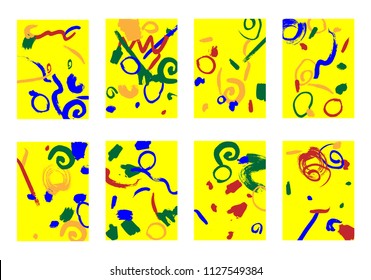 Set of 8 Abstract Backgrounds with Bright Brush Strokes. Retro Backgrounds for Greeting Cards or Book Covers in Style of Early 90s. Colorful Base for Invitation, Poster, Banner or Notepad Cover