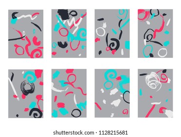 Set of 8 Abstract Backgrounds with Bright Brush Strokes. Retro Backgrounds for Greeting Cards or Book Covers in Style of Early 90s. Colorful Base for Invitation, Poster, Banner or Notepad Cover
