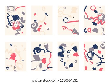 Set of 8 Abstract Backgrounds with Bright Brush Strokes. Retro Backgrounds for Greeting Cards or Book Covers in Style of Early 90s. Colorful Base for Invitation, Poster, Banner or Notepad Cover