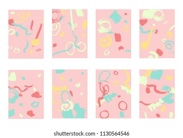 Set of 8 Abstract Backgrounds with Bright Brush Strokes. Retro Backgrounds for Greeting Cards or Book Covers in Style of Early 90s. Colorful Base for Invitation, Poster, Banner or Notepad Cover