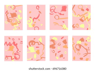Set of 8 Abstract Backgrounds with Bright Brush Strokes. Retro Backgrounds for Greeting Cards or Book Covers in Style of Early 90s. Colorful Base for Invitation, Poster, Banner or Notepad Cover