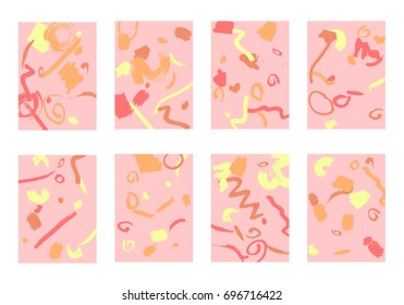 Set of 8 Abstract Backgrounds with Bright Brush Strokes. Retro Backgrounds for Greeting Cards or Book Covers in Style of Early 90s. Colorful Base for Invitation, Poster, Banner or Notepad Cover