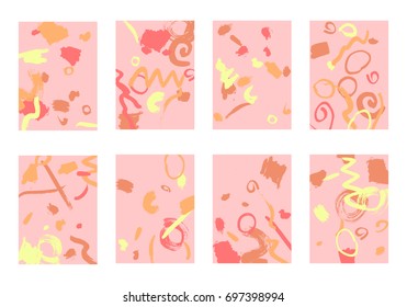 Set of 8 Abstract Backgrounds with Bright Brush Strokes. Retro Backgrounds for Greeting Cards or Book Covers in Style of Early 90s. Colorful Base for Invitation, Poster, Banner or Notepad Cover