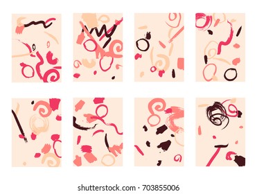 Set of 8 Abstract Backgrounds with Bright Brush Strokes. Retro Backgrounds for Greeting Cards or Book Covers in Style of Early 90s. Colorful Base for Invitation, Poster, Banner or Notepad Cover