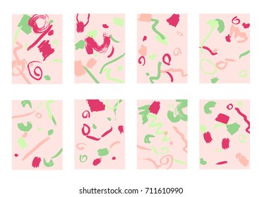 Set of 8 Abstract Backgrounds with Bright Brush Strokes. Retro Backgrounds for Greeting Cards or Book Covers in Style of Early 90s. Colorful Base for Invitation, Poster, Banner or Notepad Cover