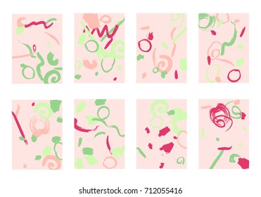 Set of 8 Abstract Backgrounds with Bright Brush Strokes. Retro Backgrounds for Greeting Cards or Book Covers in Style of Early 90s. Colorful Base for Invitation, Poster, Banner or Notepad Cover