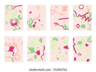 Set of 8 Abstract Backgrounds with Bright Brush Strokes. Retro Backgrounds for Greeting Cards or Book Covers in Style of Early 90s. Colorful Base for Invitation, Poster, Banner or Notepad Cover