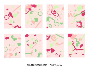Set of 8 Abstract Backgrounds with Bright Brush Strokes. Retro Backgrounds for Greeting Cards or Book Covers in Style of Early 90s. Colorful Base for Invitation, Poster, Banner or Notepad Cover