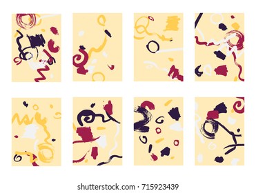 Set of 8 Abstract Backgrounds with Bright Brush Strokes. Retro Backgrounds for Greeting Cards or Book Covers in Style of Early 90s. Colorful Base for Invitation, Poster, Banner or Notepad Cover