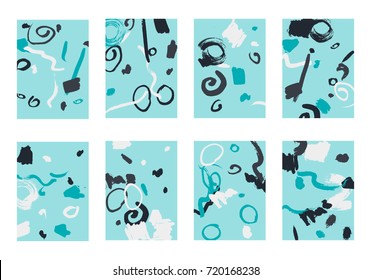 Set of 8 Abstract Backgrounds with Bright Brush Strokes. Retro Backgrounds for Greeting Cards or Book Covers in Style of Early 90s. Colorful Base for Invitation, Poster, Banner or Notepad Cover