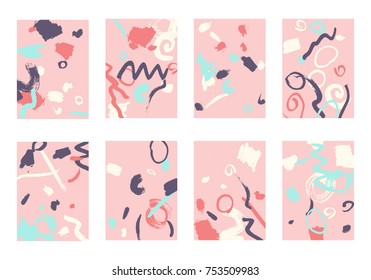 Set of 8 Abstract Backgrounds with Bright Brush Strokes. Retro Backgrounds for Greeting Cards or Book Covers in Style of Early 90s. Colorful Base for Invitation, Poster, Banner or Notepad Cover