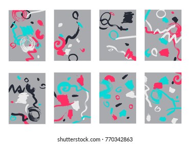 Set of 8 Abstract Backgrounds with Bright Brush Strokes. Retro Backgrounds for Greeting Cards or Book Covers in Style of Early 90s. Colorful Base for Invitation, Poster, Banner or Notepad Cover