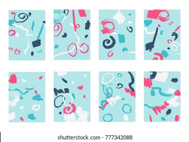 Set of 8 Abstract Backgrounds with Bright Brush Strokes. Retro Backgrounds for Greeting Cards or Book Covers in Style of Early 90s. Colorful Base for Invitation, Poster, Banner or Notepad Cover