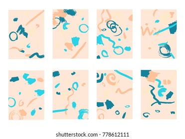 Set of 8 Abstract Backgrounds with Bright Brush Strokes. Retro Backgrounds for Greeting Cards or Book Covers in Style of Early 90s. Colorful Base for Invitation, Poster, Banner or Notepad Cover