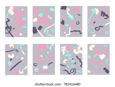 Set of 8 Abstract Backgrounds with Bright Brush Strokes. Retro Backgrounds for Greeting Cards or Book Covers in Style of Early 90s. Colorful Base for Invitation, Poster, Banner or Notepad Cover