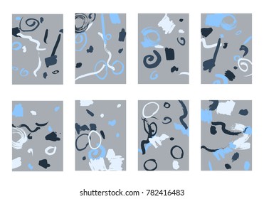 Set of 8 Abstract Backgrounds with Bright Brush Strokes. Retro Backgrounds for Greeting Cards or Book Covers in Style of Early 90s. Colorful Base for Invitation, Poster, Banner or Notepad Cover