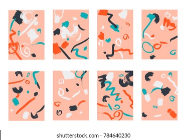 Set of 8 Abstract Backgrounds with Bright Brush Strokes. Retro Backgrounds for Greeting Cards or Book Covers in Style of Early 90s. Colorful Base for Invitation, Poster, Banner or Notepad Cover
