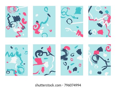 Set of 8 Abstract Backgrounds with Bright Brush Strokes. Retro Backgrounds for Greeting Cards or Book Covers in Style of Early 90s. Colorful Base for Invitation, Poster, Banner or Notepad Cover