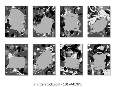 Set of 8 Abstract Backgrounds with Grey Brush Strokes. Retro Backgrounds for Greeting Cards or Book Covers in Style of Early 90s. Greyscale Base for Invitation, Poster, Banner or Notepad Cover