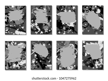 Set of 8 Abstract Backgrounds with Grey Brush Strokes. Retro Backgrounds for Greeting Cards or Book Covers in Style of Early 90s. Greyscale Base for Invitation, Poster, Banner or Notepad Cover