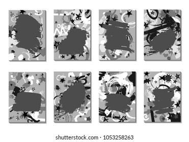 Set of 8 Abstract Backgrounds with Grey Brush Strokes. Retro Backgrounds for Greeting Cards or Book Covers in Style of Early 90s. Greyscale Base for Invitation, Poster, Banner or Notepad Cover