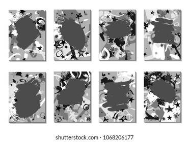 Set of 8 Abstract Backgrounds with Grey Brush Strokes. Retro Backgrounds for Greeting Cards or Book Covers in Style of Early 90s. Greyscale Base for Invitation, Poster, Banner or Notepad Cover