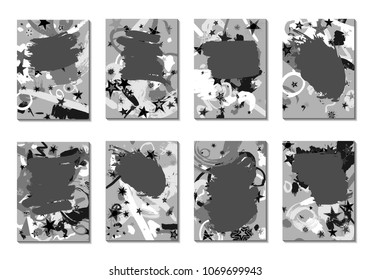Set of 8 Abstract Backgrounds with Grey Brush Strokes. Retro Backgrounds for Greeting Cards or Book Covers in Style of Early 90s. Greyscale Base for Invitation, Poster, Banner or Notepad Cover