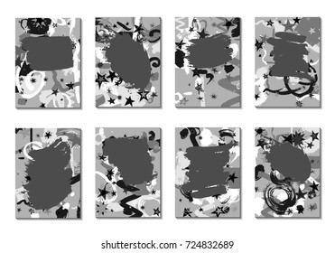 Set of 8 Abstract Backgrounds with Grey Brush Strokes. Retro Backgrounds for Greeting Cards or Book Covers in Style of Early 90s. Greyscale Base for Invitation, Poster, Banner or Notepad Cover