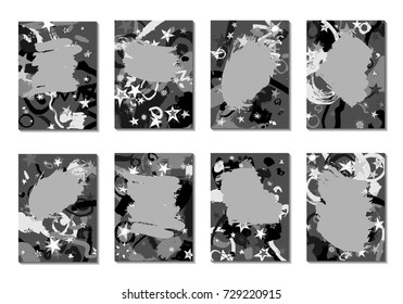 Set of 8 Abstract Backgrounds with Grey Brush Strokes. Retro Backgrounds for Greeting Cards or Book Covers in Style of Early 90s. Greyscale Base for Invitation, Poster, Banner or Notepad Cover