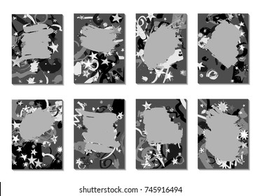 Set of 8 Abstract Backgrounds with Grey Brush Strokes. Retro Backgrounds for Greeting Cards or Book Covers in Style of Early 90s. Greyscale Base for Invitation, Poster, Banner or Notepad Cover