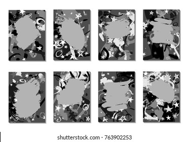 Set of 8 Abstract Backgrounds with Grey Brush Strokes. Retro Backgrounds for Greeting Cards or Book Covers in Style of Early 90s. Greyscale Base for Invitation, Poster, Banner or Notepad Cover